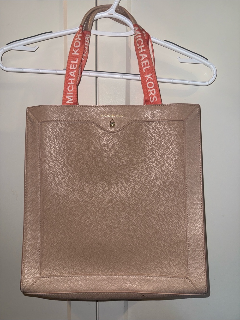 Michael Kors Blush Beige Pebbled Leather Tote with Branded Coral Straps